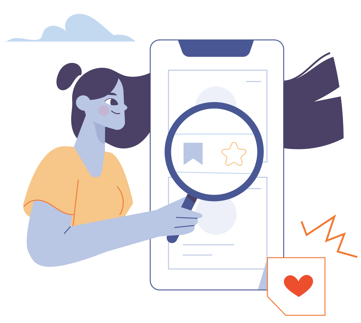 Abstract illustration of woman inspecting phone UI with magnifying glass